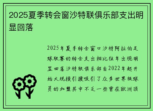 2025夏季转会窗沙特联俱乐部支出明显回落